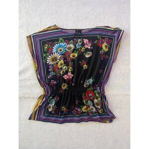 New Directions PL Dolman Sleeve Elastic Waist Floral Black Blouse Shirt Petites